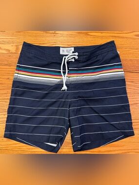 Original Penguin Navy Swim Shorts with Rainbow Stripe Waistband